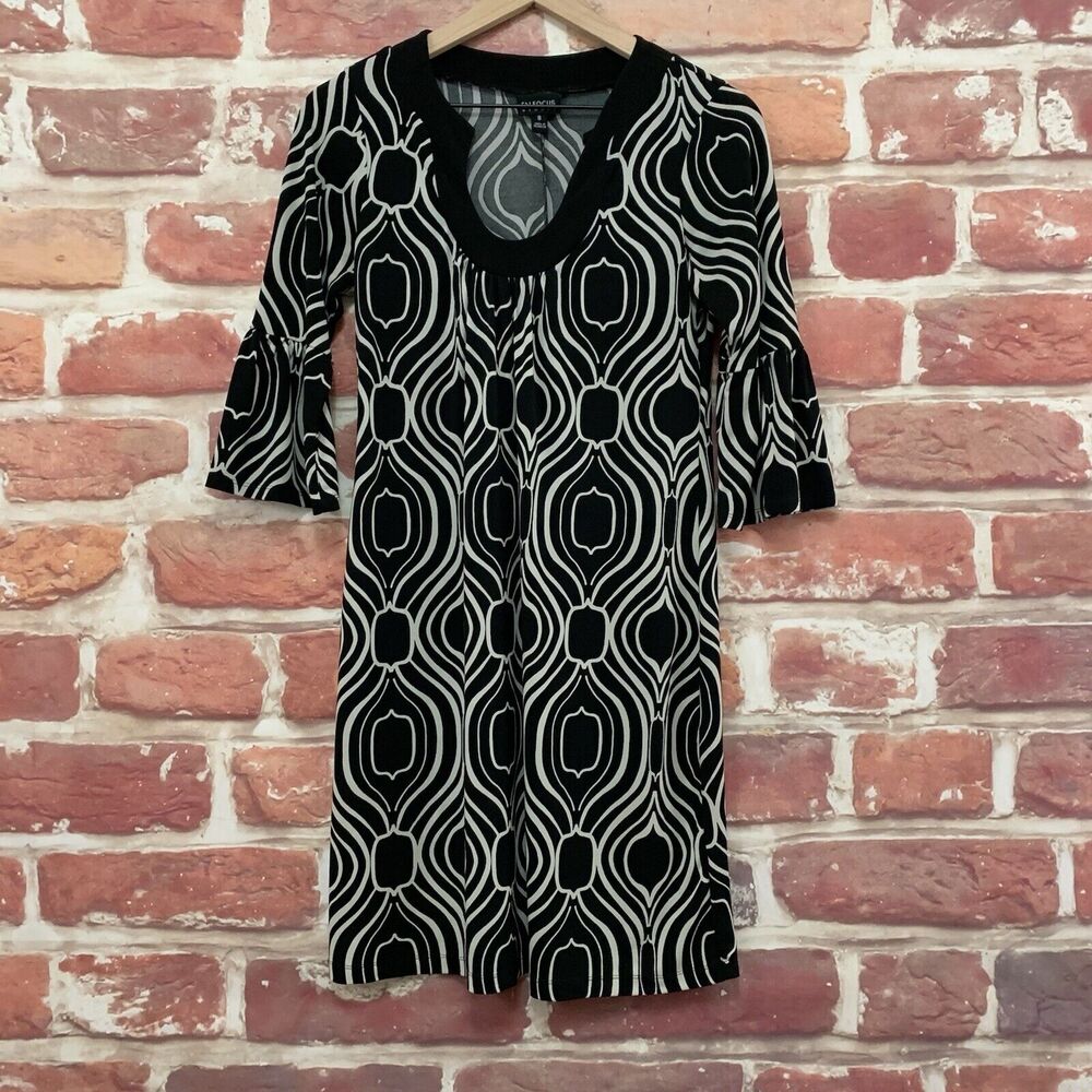 En Focus Studio Dress Women's Black Cream Retro Print Abstract Bell Sleeve